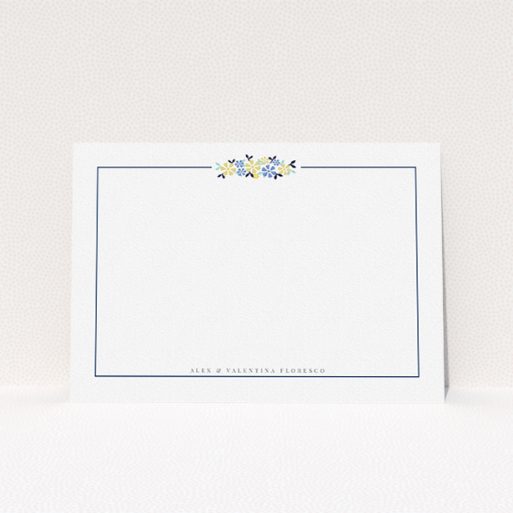 Personalised Note Card Design (Couples) - "Surrounded by flowers" A couples personalised note card design called "Surrounded by flowers". It is an A5 card in a landscape orientation. "Surrounded by flowers" is available as a flat card, with tones of white and blue.