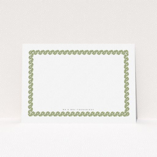 Personalised Note Card Design (Couples) - "Surrounded by the garden" A couples personalised note card design called "Surrounded by the garden". It is an A5 card in a landscape orientation. "Surrounded by the garden" is available as a flat card, with mainly green colouring.