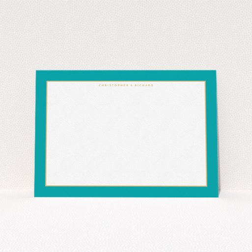 Personalised Note Card Design (Couples) - "Turquoise and gold border" A couples personalised note card named "Turquoise and gold border". It is an A5 card in a landscape orientation. "Turquoise and gold border" is available as a flat card, with tones of green and white.