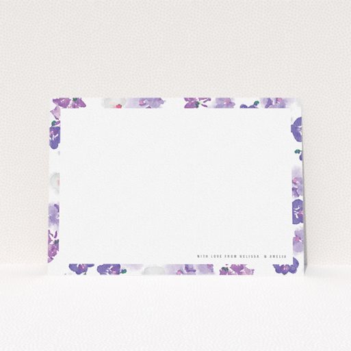 Personalised Note Card Design (Couples) - "Violet Scatter" A couples personalised note card design named "Violet Scatter". It is an A5 card in a landscape orientation. "Violet Scatter" is available as a flat card, with mainly purple/dark pink colouring.