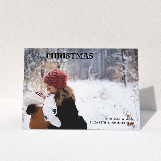 Custom Christmas Card Design - "Christmas Corners" A custom christmas card design titled "Christmas Corners". It is an A5 card in a landscape orientation. It is a photographic custom christmas card with room for 1 photo. "Christmas Corners" is available as a folded card, with mainly black colouring.