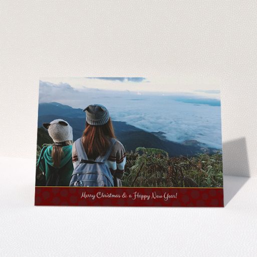 Custom Christmas Card Design - "Dark Red Baubles" A custom christmas card design named "Dark Red Baubles". It is an A5 card in a landscape orientation. It is a photographic custom christmas card with room for 1 photo. "Dark Red Baubles" is available as a folded card, with tones of burgundy and white.