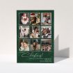 A custom christmas card design called "Forrest Green". It is an A5 card in a portrait orientation. It is a photographic custom christmas card with room for 9 photos "Forrest Green" is available as a folded card, with tones of green and white.