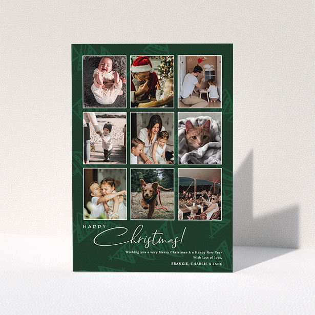 A custom christmas card design called "Forrest Green". It is an A5 card in a portrait orientation. It is a photographic custom christmas card with room for 9 photos "Forrest Green" is available as a folded card, with tones of green and white.