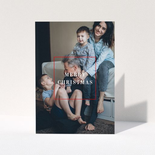 Custom Christmas Card Design - "Modern Christmas" A custom christmas card named "Modern Christmas". It is an A5 card in a portrait orientation. It is a photographic custom christmas card with room for 1 photo. "Modern Christmas" is available as a folded card, with mainly red colouring.