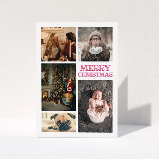 Custom Christmas Card Design - "Modern Festivities" A custom christmas card named "Modern Festivities". It is an A5 card in a portrait orientation. It is a photographic custom christmas card with room for 5 photos. "Modern Festivities" is available as a folded card, with tones of white and red.