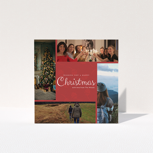 A custom christmas card design named "Photo Wreath". It is a square (148mm x 148mm) card in a square orientation. It is a photographic custom christmas card with room for 4 photos. "Photo Wreath" is available as a folded card, with tones of red and white.