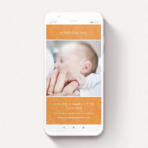 Digital Baby Announcement Design - "Beach Towel Orange" A digital baby announcement design called "Beach Towel Orange". It is a smartphone screen sized announcement in a portrait orientation. It is a photographic digital baby announcement with room for 1 photo. "Beach Towel Orange" is available as a flat announcement, with tones of orange and white.