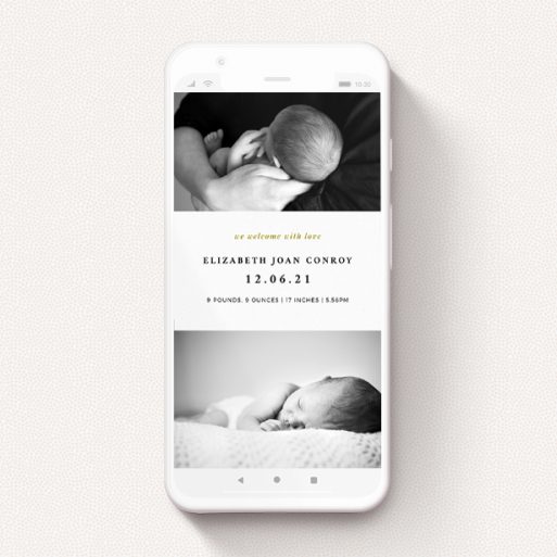 Digital Baby Announcement Design - "Bold Typography" A digital baby announcement template titled "Bold Typography". It is a smartphone screen sized announcement in a portrait orientation. It is a photographic digital baby announcement with room for 2 photos. "Bold Typography" is available as a flat announcement, with tones of black and white.