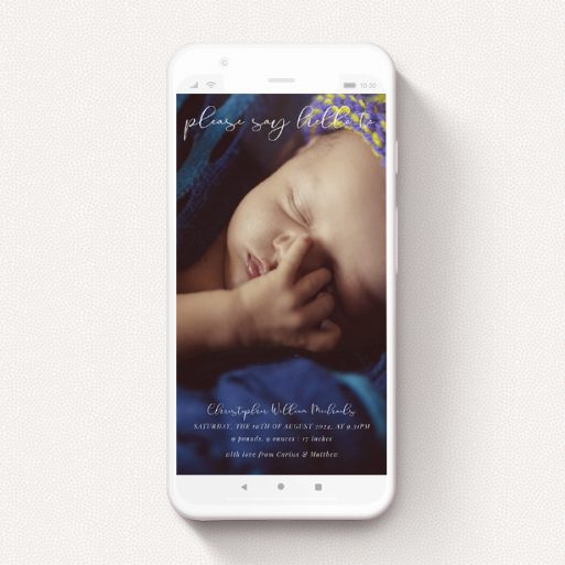 Digital Baby Announcement Design - "Carnaby Street" A digital baby announcement template titled "Carnaby Street". It is a smartphone screen sized announcement in a portrait orientation. It is a photographic digital baby announcement with room for 1 photo. "Carnaby Street" is available as a flat announcement, with mainly white colouring.