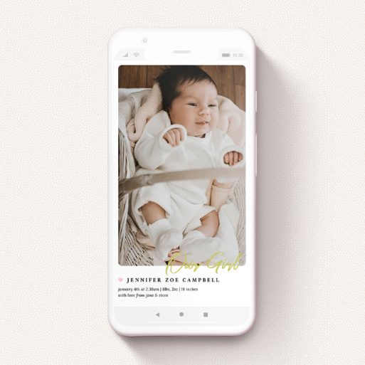 Digital Baby Announcement Design - "Gold Stamp - Girl" A digital baby announcement design called "Gold Stamp - Girl". It is a smartphone screen sized announcement in a portrait orientation. It is a photographic digital baby announcement with room for 1 photo. "Gold Stamp - Girl" is available as a flat announcement, with tones of white and gold.