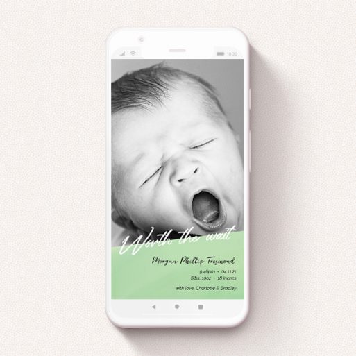 Digital Baby Announcement Design - "Green Slant" A digital baby announcement template titled "Green Slant". It is a smartphone screen sized announcement in a portrait orientation. It is a photographic digital baby announcement with room for 1 photo. "Green Slant" is available as a flat announcement, with tones of green and white.