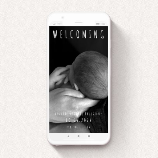 Digital Baby Announcement Design - "Informality" A digital baby announcement named "Informality". It is a smartphone screen sized announcement in a portrait orientation. It is a photographic digital baby announcement with room for 1 photo. "Informality" is available as a flat announcement, with mainly white colouring.