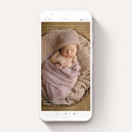 Digital Baby Announcement Design - "Liverpool Street" A digital baby announcement named "Liverpool Street". It is a smartphone screen sized announcement in a portrait orientation. It is a photographic digital baby announcement with room for 1 photo. "Liverpool Street" is available as a flat announcement, with mainly white colouring.