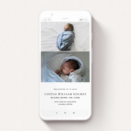 Digital Baby Announcement Design - "Modern Thirds" A digital baby announcement design called "Modern Thirds". It is a smartphone screen sized announcement in a portrait orientation. It is a photographic digital baby announcement with room for 2 photos. "Modern Thirds" is available as a flat announcement, with mainly white colouring.