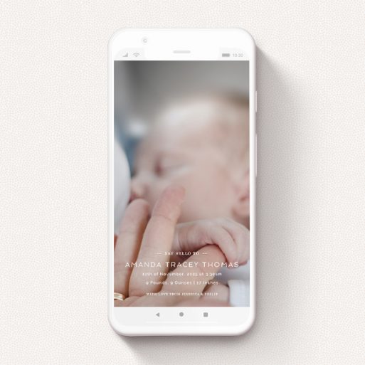 Digital Baby Announcement Design - "Shepherds Market" A digital baby announcement design called "Shepherds Market". It is a smartphone screen sized announcement in a portrait orientation. It is a photographic digital baby announcement with room for 1 photo. "Shepherds Market" is available as a flat announcement, with mainly white colouring.