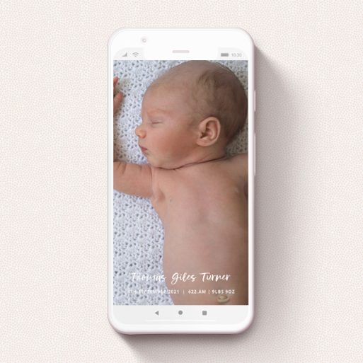 Digital Baby Announcement Design - "To the Point" A digital baby announcement named "To the Point". It is a smartphone screen sized announcement in a portrait orientation. It is a photographic digital baby announcement with room for 1 photo. "To the Point" is available as a flat announcement, with mainly white colouring.