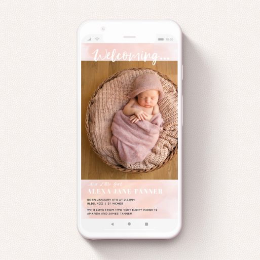 Digital Baby Announcement Design - "Watercolour Welcome Pink" A digital baby announcement design called "Watercolour Welcome Pink". It is a smartphone screen sized announcement in a portrait orientation. It is a photographic digital baby announcement with room for 1 photo. "Watercolour Welcome Pink" is available as a flat announcement, with tones of pink and white.