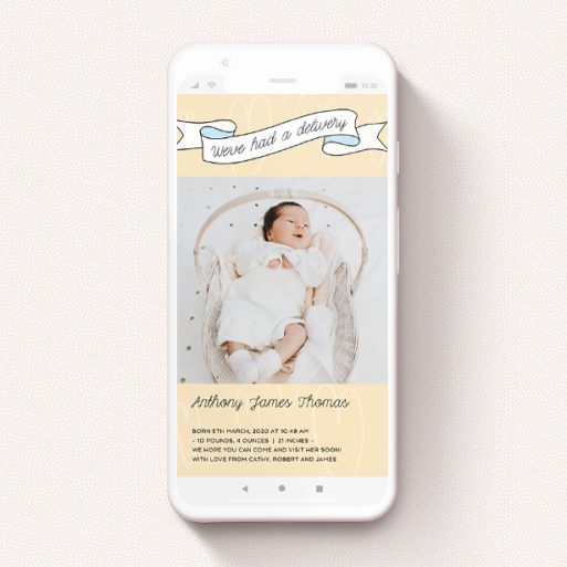 Digital Baby Announcement Design - "Written Above - Boy" A digital baby announcement template titled "Written Above - Boy". It is a smartphone screen sized announcement in a portrait orientation. It is a photographic digital baby announcement with room for 1 photo. "Written Above - Boy" is available as a flat announcement, with tones of cream, light blue and white.