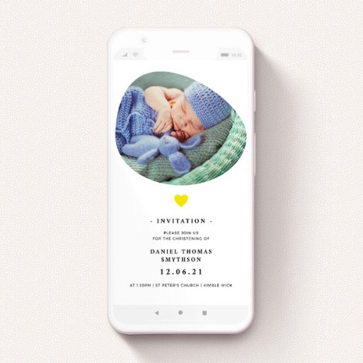 Digital Christening Invite Design - "Organic Frame" A digital christening invite design called "Organic Frame". It is a smartphone screen sized invite in a portrait orientation. It is a photographic digital christening invite with room for 1 photo. "Organic Frame" is available as a flat invite, with tones of white and yellow.