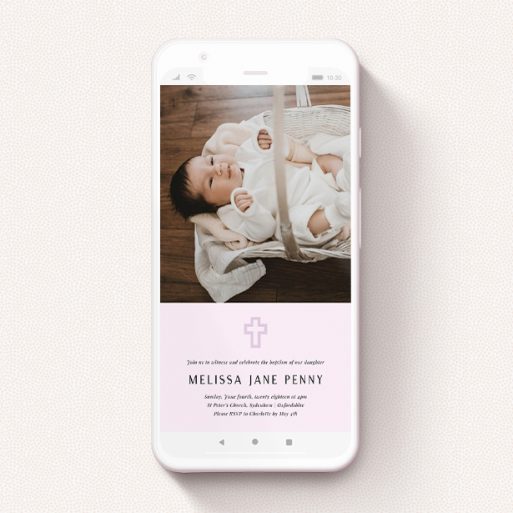 Digital Christening Invite Design - "Purple Outline Cross" A digital christening invite template titled "Purple Outline Cross". It is a smartphone screen sized invite in a portrait orientation. It is a photographic digital christening invite with room for 1 photo. "Purple Outline Cross" is available as a flat invite, with mainly purple/dark pink colouring.