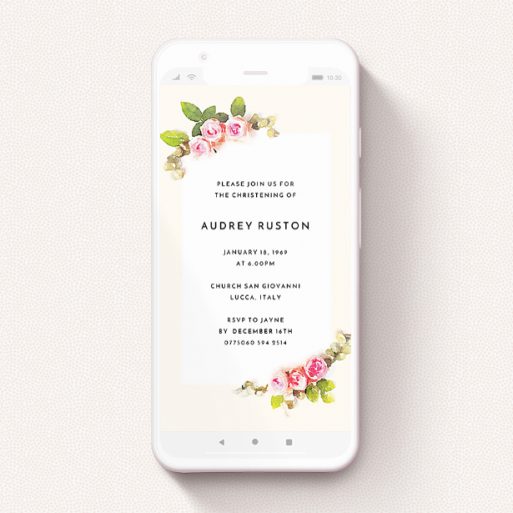 Digital Christening Invite Design - "Rose Corners" A digital christening invite named "Rose Corners". It is a smartphone screen sized invite in a portrait orientation. "Rose Corners" is available as a flat invite, with tones of light pink and green.