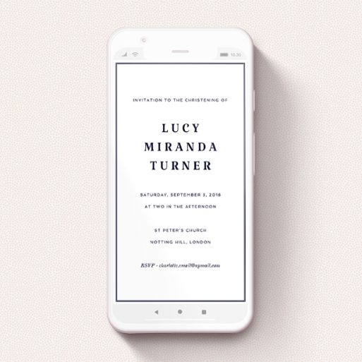 Digital Christening Invite Design - "Super Thin Blue" A digital christening invite template titled "Super Thin Blue". It is a smartphone screen sized invite in a portrait orientation. "Super Thin Blue" is available as a flat invite, with mainly white colouring.