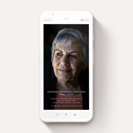 Digital Funeral Invite Design - "Classic Portrait" A digital funeral invite design called "Classic Portrait". It is a smartphone screen sized invite in a portrait orientation. It is a photographic digital funeral invite with room for 1 photo. "Classic Portrait" is available as a flat invite, with mainly white colouring.