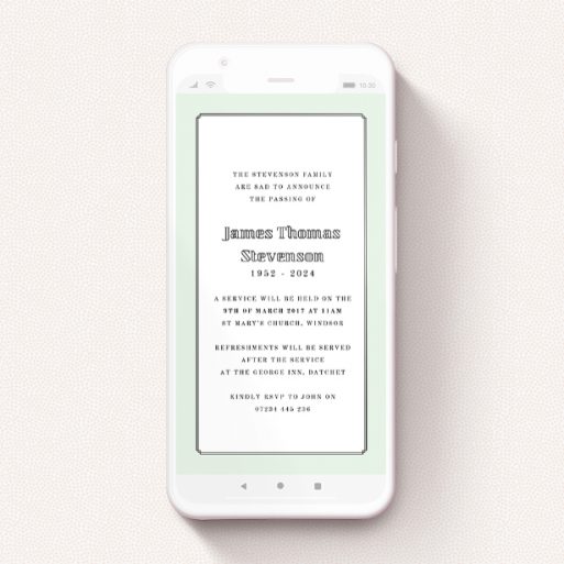 Digital Funeral Invite Design - "Deco Mint" A digital funeral invite design called "Deco Mint". It is a smartphone screen sized invite in a portrait orientation. "Deco Mint" is available as a flat invite, with tones of green and white.