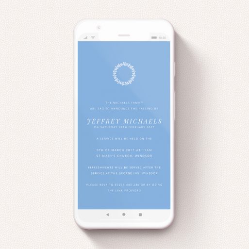 Digital Funeral Invite Design - "Floral Wreath in White" A digital funeral invite design called "Floral Wreath in White". It is a smartphone screen sized invite in a portrait orientation. "Floral Wreath in White" is available as a flat invite, with tones of blue and white.