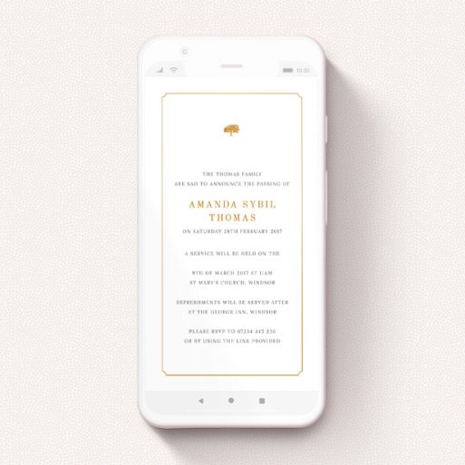 Digital Funeral Invite Design - "Oak Header" A digital funeral invite design called "Oak Header". It is a smartphone screen sized invite in a portrait orientation. "Oak Header" is available as a flat invite, with tones of white and orange.