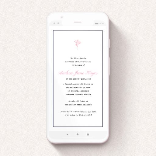 Digital Funeral Invite Design - "Pink Daisy" A digital funeral invite called "Pink Daisy". It is a smartphone screen sized invite in a portrait orientation. "Pink Daisy" is available as a flat invite, with tones of white and pink.