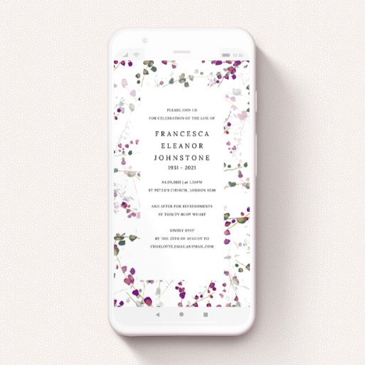 Digital Funeral Invite Design - "Purple Lupine" A digital funeral invite called "Purple Lupine". It is a smartphone screen sized invite in a portrait orientation. "Purple Lupine" is available as a flat invite, with tones of purple, pink and dark green.