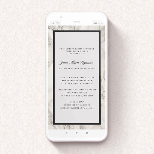 Digital Funeral Invite Design - "Solid Marble" A digital funeral invite called "Solid Marble". It is a smartphone screen sized invite in a portrait orientation. "Solid Marble" is available as a flat invite, with tones of grey and black.
