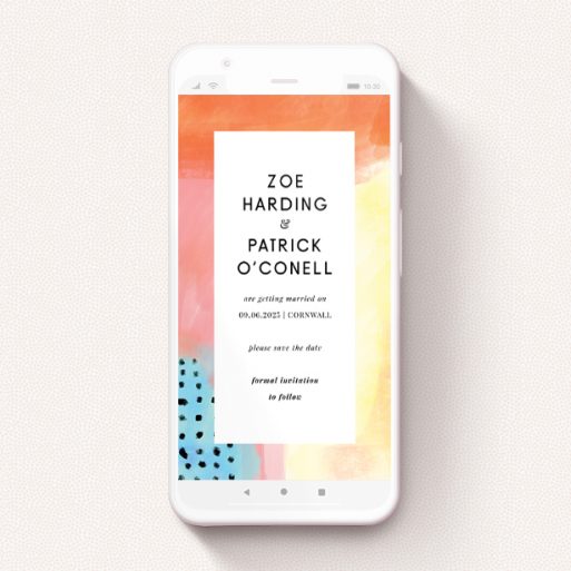 Digital Save The Date Design - "Abstract Colours" A digital save the date named "Abstract Colours". It is a smartphone screen sized save the date in a portrait orientation. "Abstract Colours" is available as a flat save the date, with tones of orange, red and yellow.