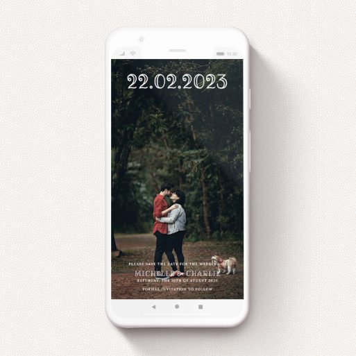 Digital Save The Date Design - "Bristolian" A digital save the date named "Bristolian". It is a smartphone screen sized save the date in a portrait orientation. It is a photographic digital save the date with room for 1 photo. "Bristolian" is available as a flat save the date, with mainly white colouring.