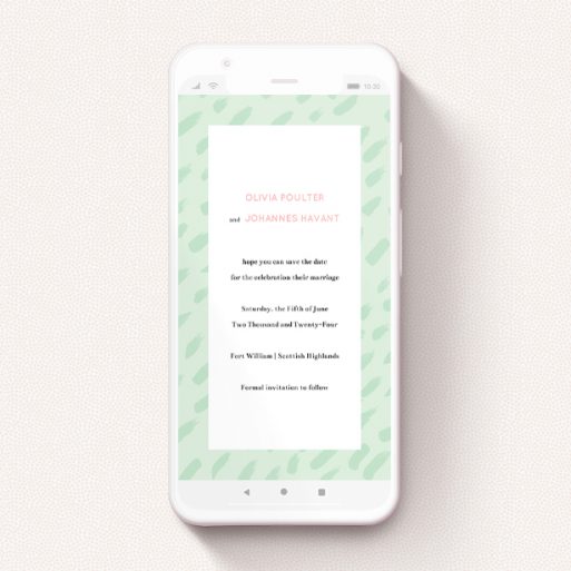 Digital Save The Date Design - "Green Strokes " A digital save the date template titled "Green Strokes ". It is a smartphone screen sized save the date in a portrait orientation. "Green Strokes " is available as a flat save the date, with tones of green and white.