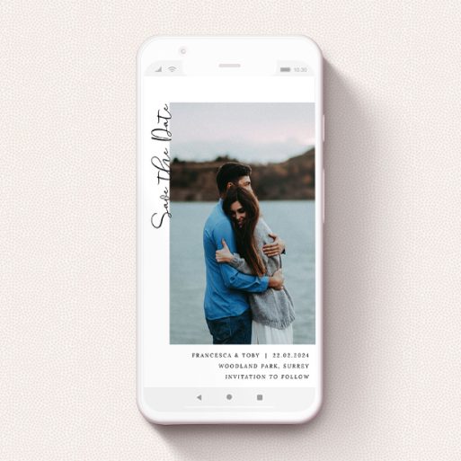 Digital Save The Date Design - "Koh Tao" A digital save the date design called "Koh Tao". It is a smartphone screen sized save the date in a portrait orientation. It is a photographic digital save the date with room for 1 photo. "Koh Tao" is available as a flat save the date, with mainly white colouring.