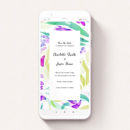 Digital Save The Date Design - "Neon Florals" A digital save the date design called "Neon Florals". It is a smartphone screen sized save the date in a portrait orientation. "Neon Florals" is available as a flat save the date, with tones of white, green and yellow.