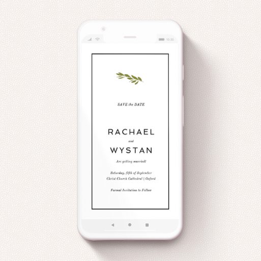 Digital Save The Date Design - "Olive branch stamp" A digital save the date design called "Olive branch stamp". It is a smartphone screen sized save the date in a portrait orientation. "Olive branch stamp" is available as a flat save the date, with tones of black and white.