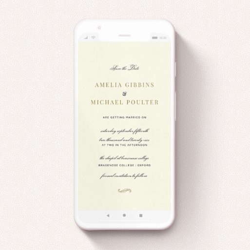 Digital Save The Date Design - "Simple flourish " A digital save the date design called "Simple flourish ". It is a smartphone screen sized save the date in a portrait orientation. "Simple flourish " is available as a flat save the date, with tones of cream and gold.