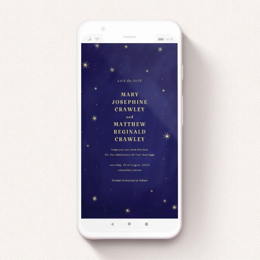 Digital Save The Date Design - "Sky at night " A digital save the date template titled "Sky at night ". It is a smartphone screen sized save the date in a portrait orientation. "Sky at night " is available as a flat save the date, with tones of blue and gold.