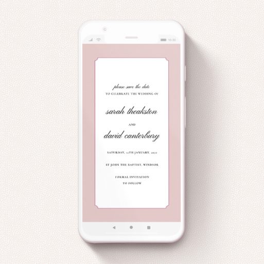 Digital Save The Date Design - "Square Slant Pink" A digital save the date named "Square Slant Pink". It is a smartphone screen sized save the date in a portrait orientation. "Square Slant Pink" is available as a flat save the date, with tones of pink and white.