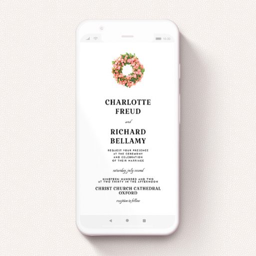 Digital Wedding Invite Design - "Acrylic Wreath " A digital wedding invite template titled "Acrylic Wreath ". It is a smartphone screen sized invite in a portrait orientation. "Acrylic Wreath " is available as a flat invite, with tones of white and green.