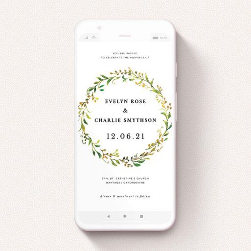Digital Wedding Invite Design - "Autumn Floral Round" A digital wedding invite design called "Autumn Floral Round". It is a smartphone screen sized invite in a portrait orientation. "Autumn Floral Round" is available as a flat invite, with tones of green, orange and yellow.