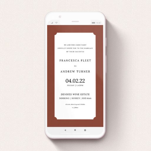 Digital Wedding Invite Design - "Autumn Frame" A digital wedding invite design called "Autumn Frame". It is a smartphone screen sized invite in a portrait orientation. "Autumn Frame" is available as a flat invite, with mainly dark orange colouring.