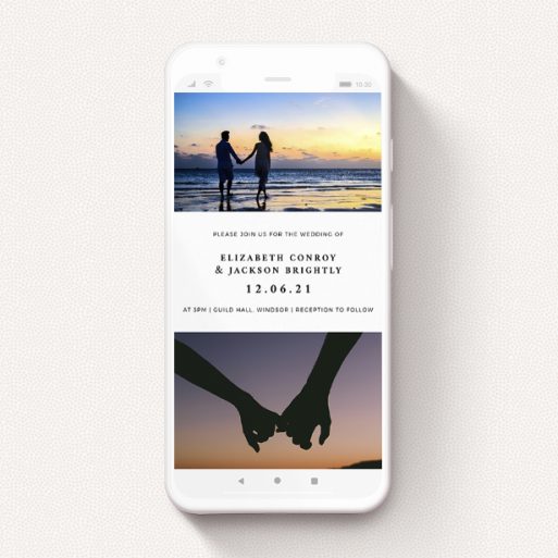 Digital Wedding Invite Design - "Bold Typography" A digital wedding invite named "Bold Typography". It is a smartphone screen sized invite in a portrait orientation. It is a photographic digital wedding invite with room for 2 photos. "Bold Typography" is available as a flat invite, with tones of black and white.