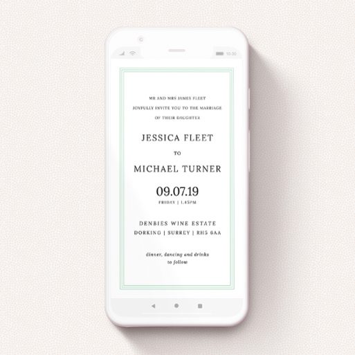 Digital Wedding Invite Design - "Border in Three" A digital wedding invite design called "Border in Three". It is a smartphone screen sized invite in a portrait orientation. "Border in Three" is available as a flat invite, with tones of blue and white.