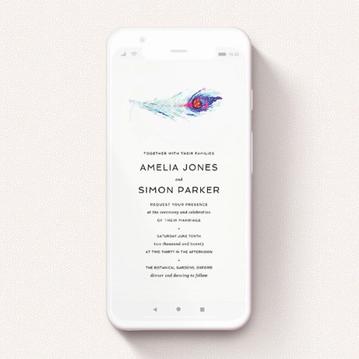 Digital Wedding Invite Design - "Feather in the corner " A digital wedding invite design called "Feather in the corner ". It is a smartphone screen sized invite in a portrait orientation. "Feather in the corner " is available as a flat invite, with mainly white colouring.