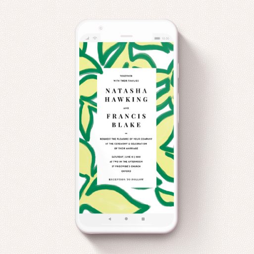 Digital Wedding Invite Design - "Fresh Vines" A digital wedding invite template titled "Fresh Vines". It is a smartphone screen sized invite in a portrait orientation. "Fresh Vines" is available as a flat invite, with tones of green and white.